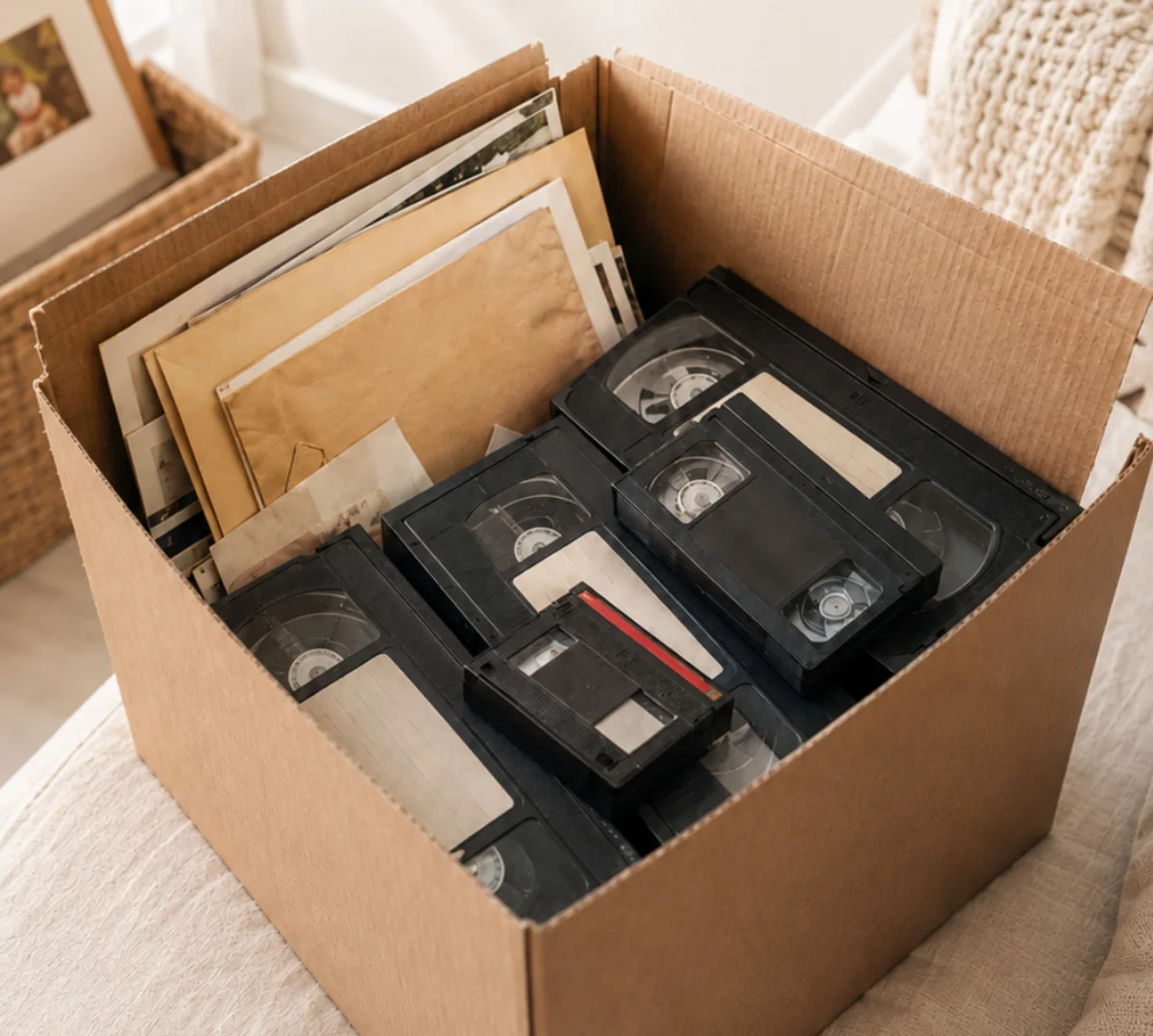 Un carton avec d'anciennes cassettes vidéo et des photos, prêt à être envoyé.