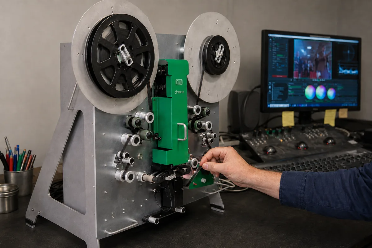 Le MWA Flashtransfer Choice en fonctionnement, la main de l'opérateur près des galets guides du film et la correction des couleurs à l'écran en arrière-plan