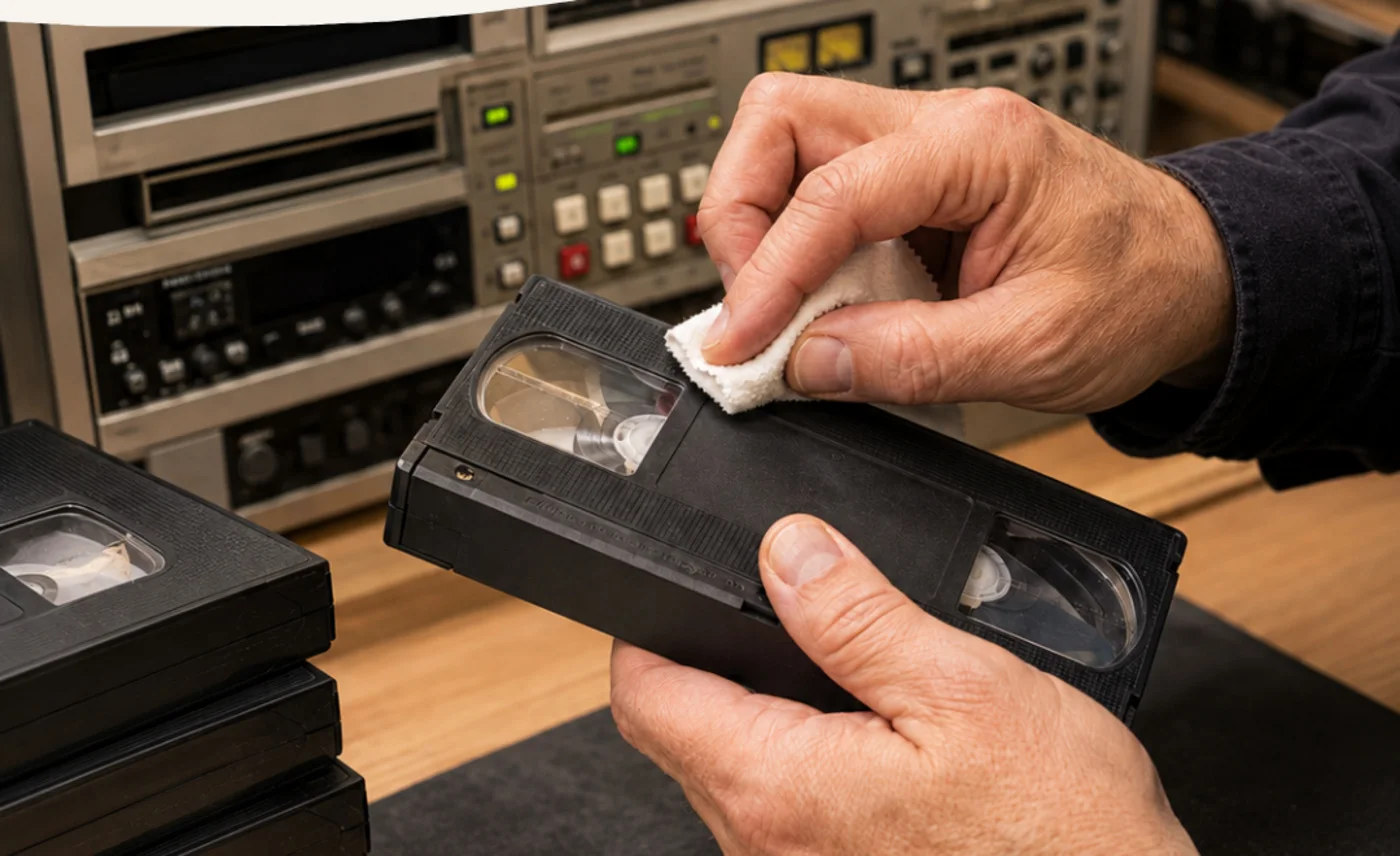 Des mains nettoient une cassette VHS à l'atelier