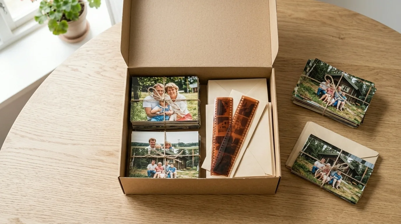 Boîte ouverte avec d'anciens tirages papier, des enveloppes et des négatifs couleur sur une table en bois clair