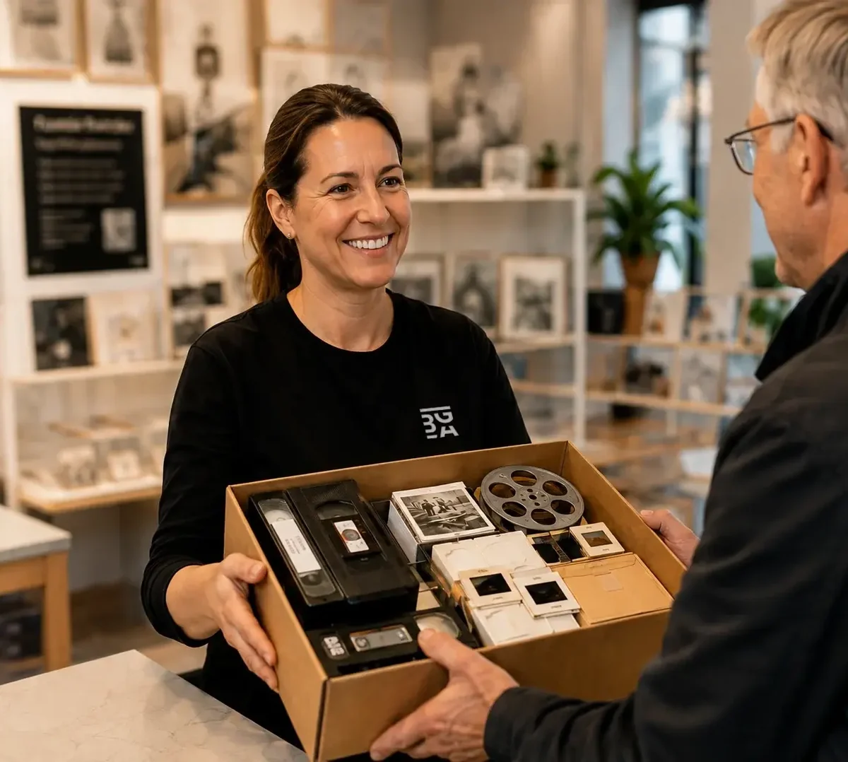 Un carton contenant des cassettes vidéo, des diapositives et des bobines de film, prêt à être envoyé.