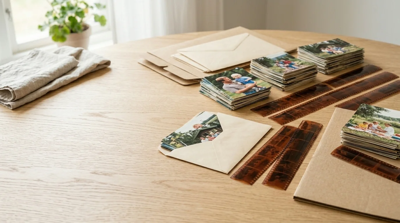Tirages papier, enveloppes et négatifs couleur triés en groupes distincts sur une table en bois clair