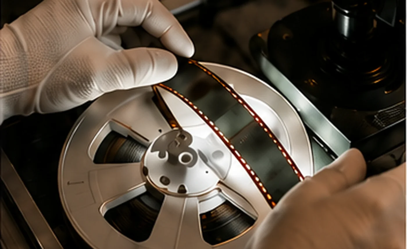 Des mains gantées manipulent une bobine de film pendant la numérisation.