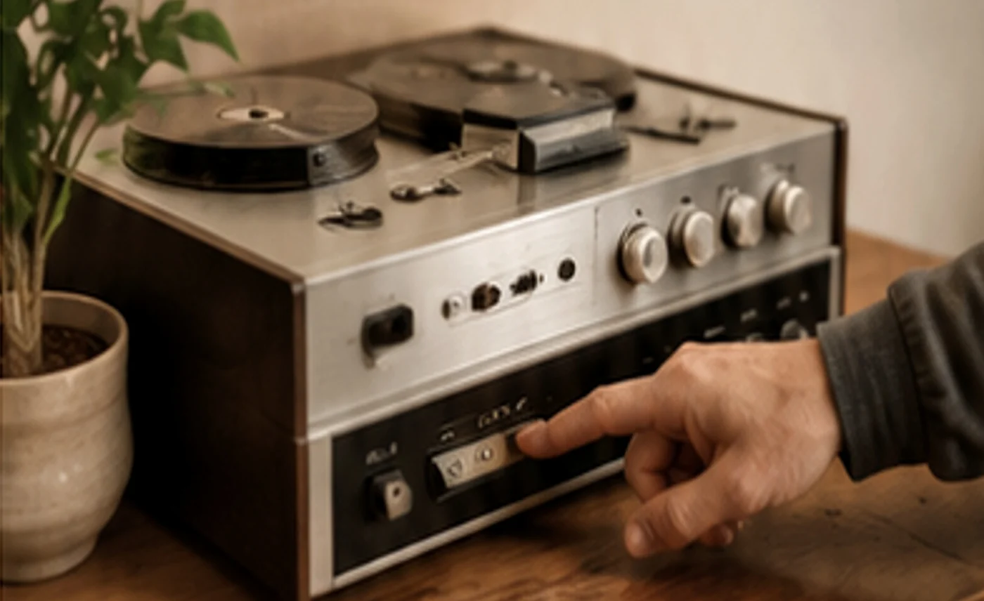 Une main appuie sur une touche d'un ancien magnétophone à bandes